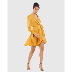 Mac Duggal Ieena 70135 Yellow Wrap Mini Dress Size 2 Belted Bishop Sleeves NWT